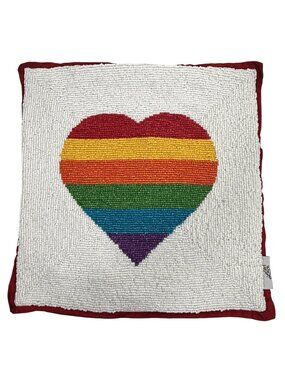 Pride Rainbow Heart Beaded Decorative Throw Pillow Cover Red Backing By LOVE